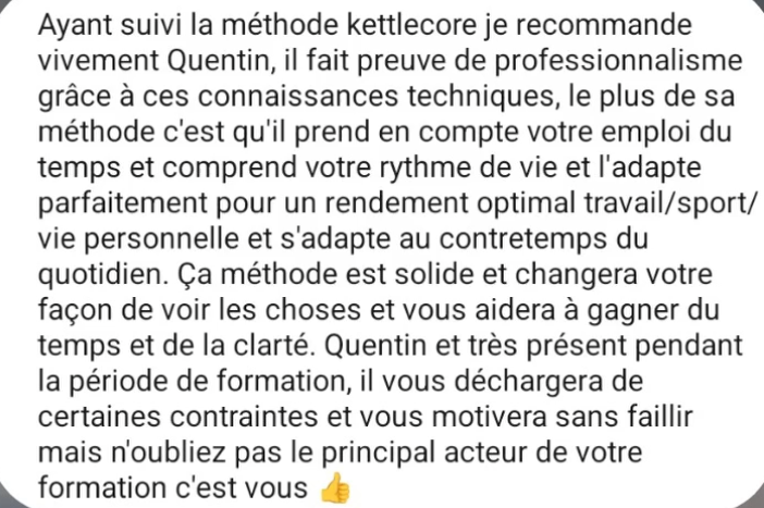 Témoignage WhatsApp — méthode kettlecore